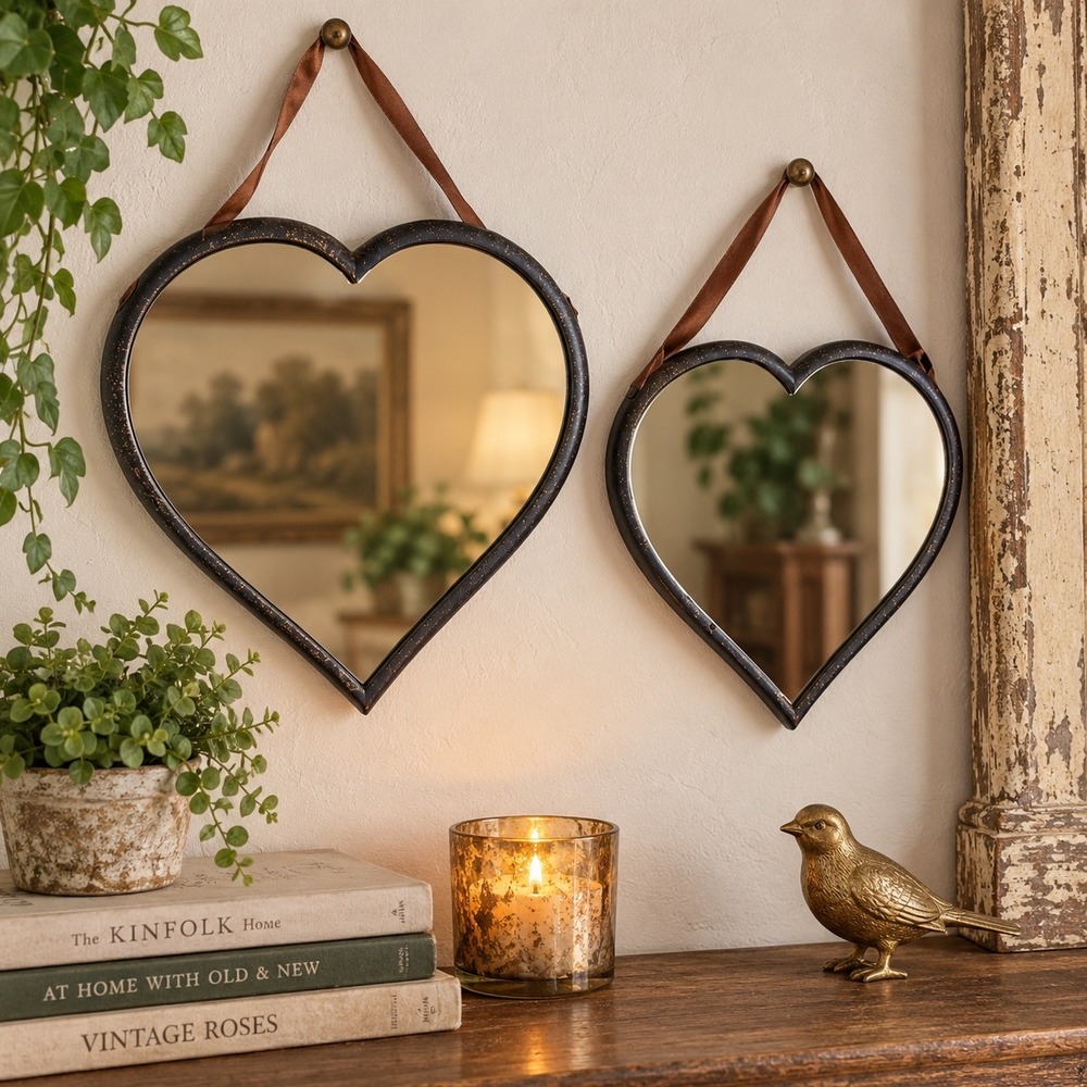 Set of 2 Heart Shaped Hanging Wall Mirrors Black Bronze Speckled Cottagecore